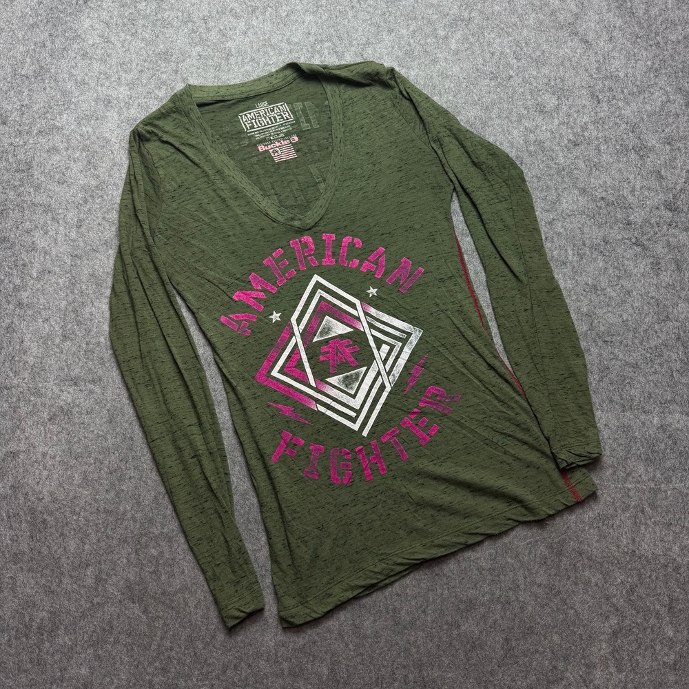 American Fighter Vintage Womens Shirt Large Green Long Sleeve V Neck Y2K Tee